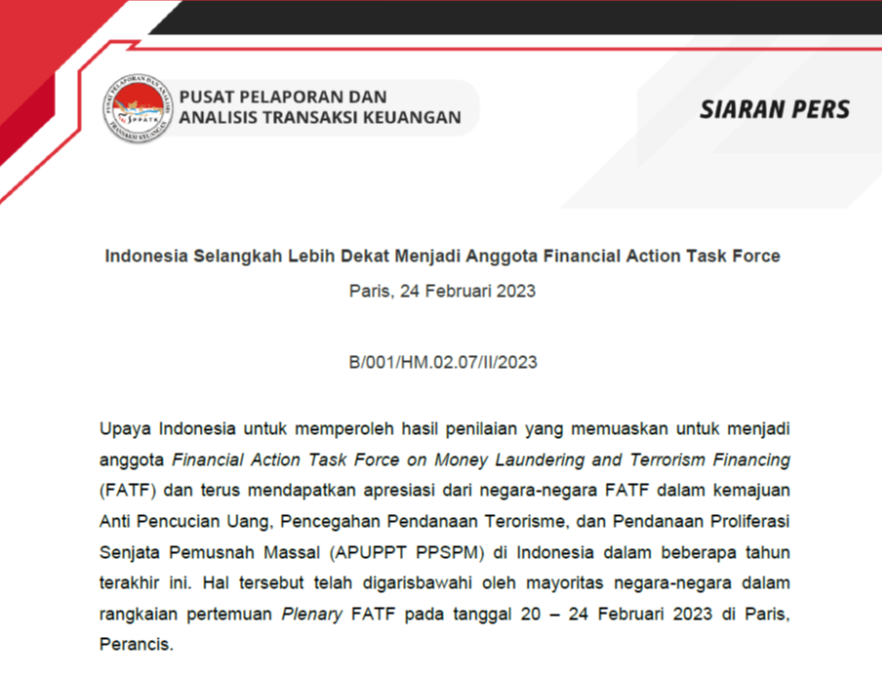 Siaran Pers : Indonesia Selangkah Lebih Dekat Menjadi Anggota Financial Action Task Force