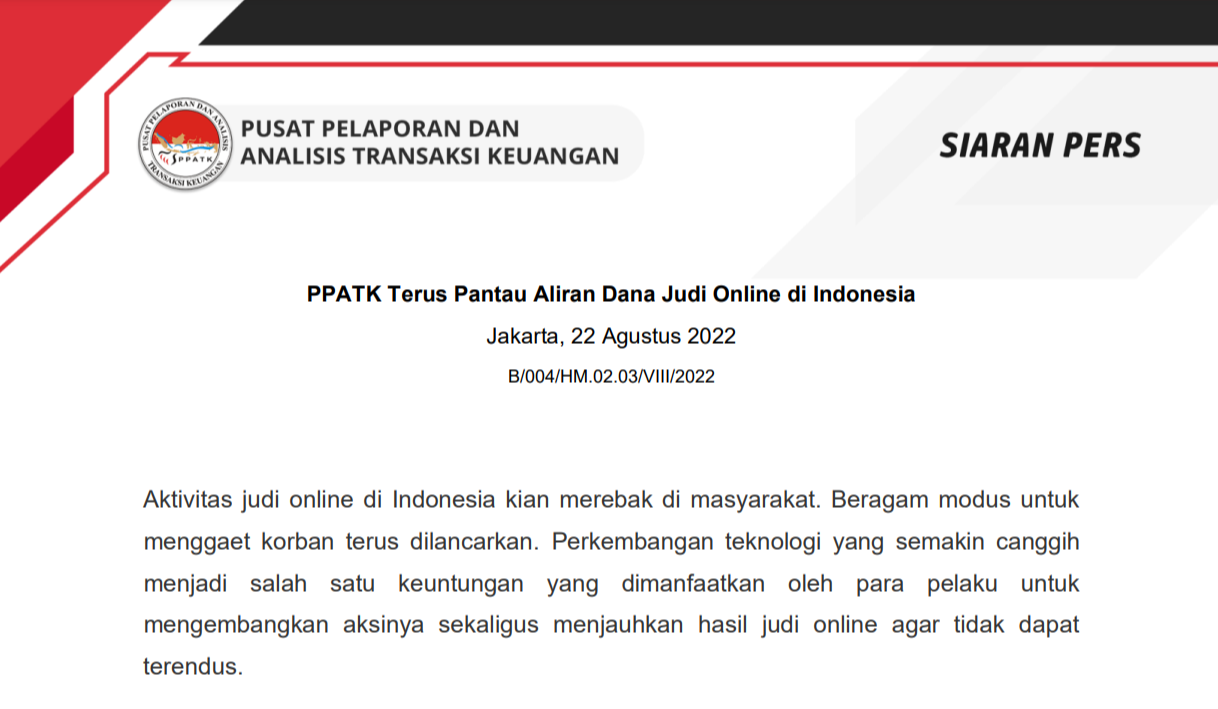 Siaran Pers : PPATK Terus Pantau Aliran Dana Judi Online di Indonesia
