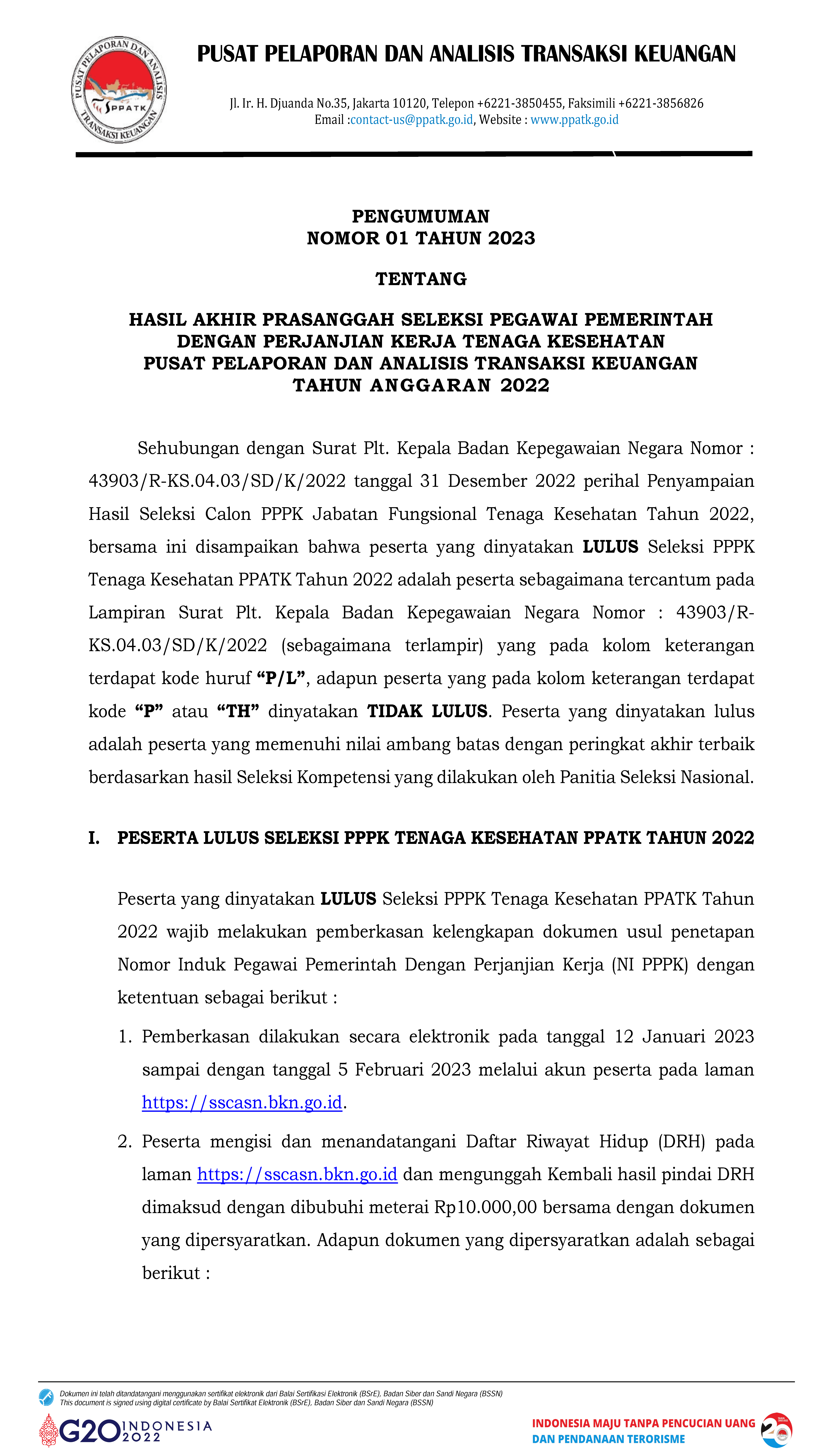 Pengumuman 01 Tahun 2023 Pengumuman Hasil Akhir Seleksi PPPK Tenaga Kesehatan PPATK TA 2022