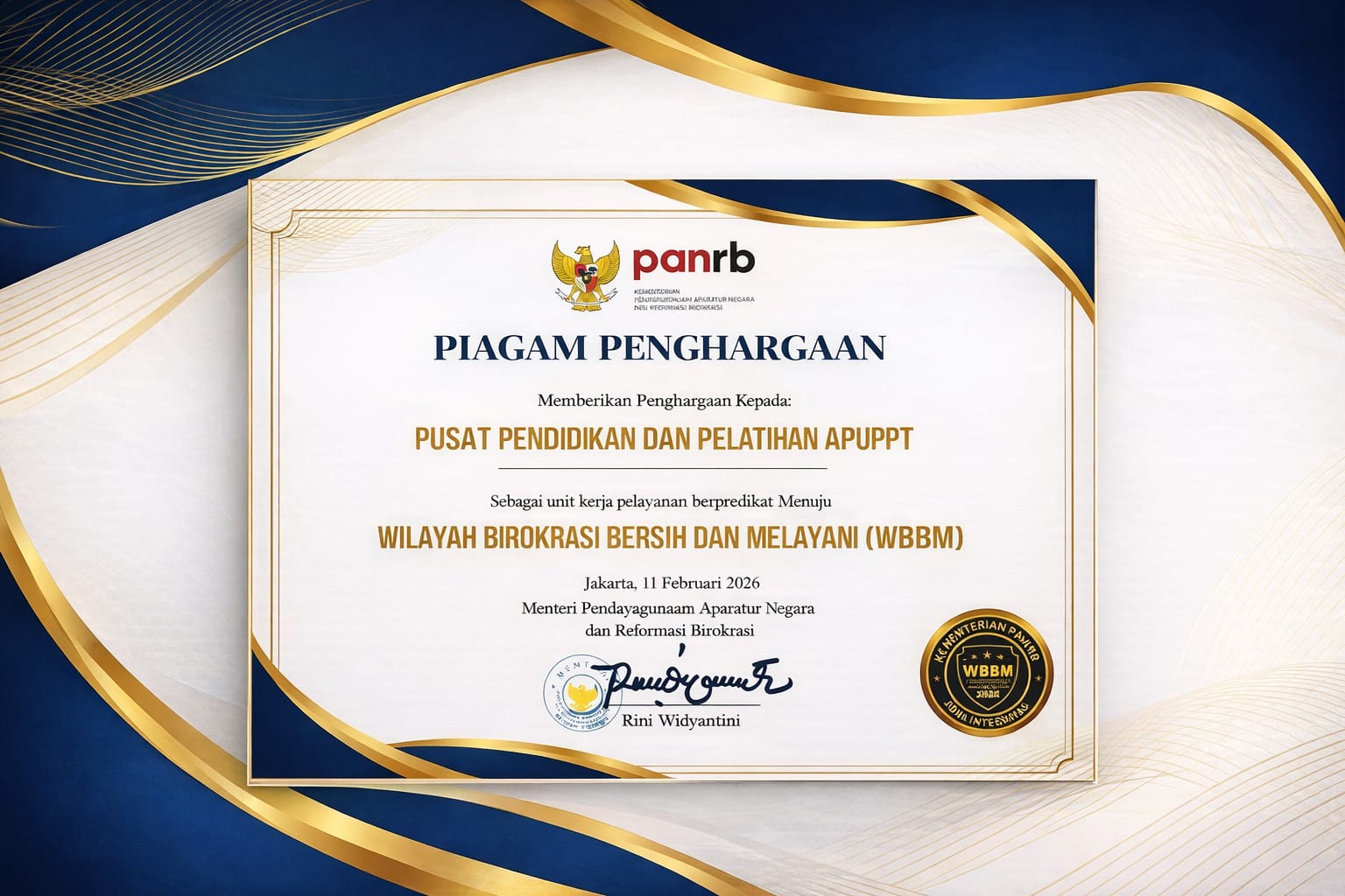 Pusdiklat APUPPT Raih Predikat Wilayah Birokrasi Bersih dan Melayani (WBBM)